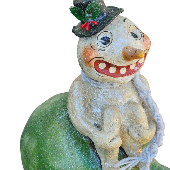 Vintage - Style Snow Man Folk Art Sitting On A Christmas Tree Bulb - Picture 2 of 10